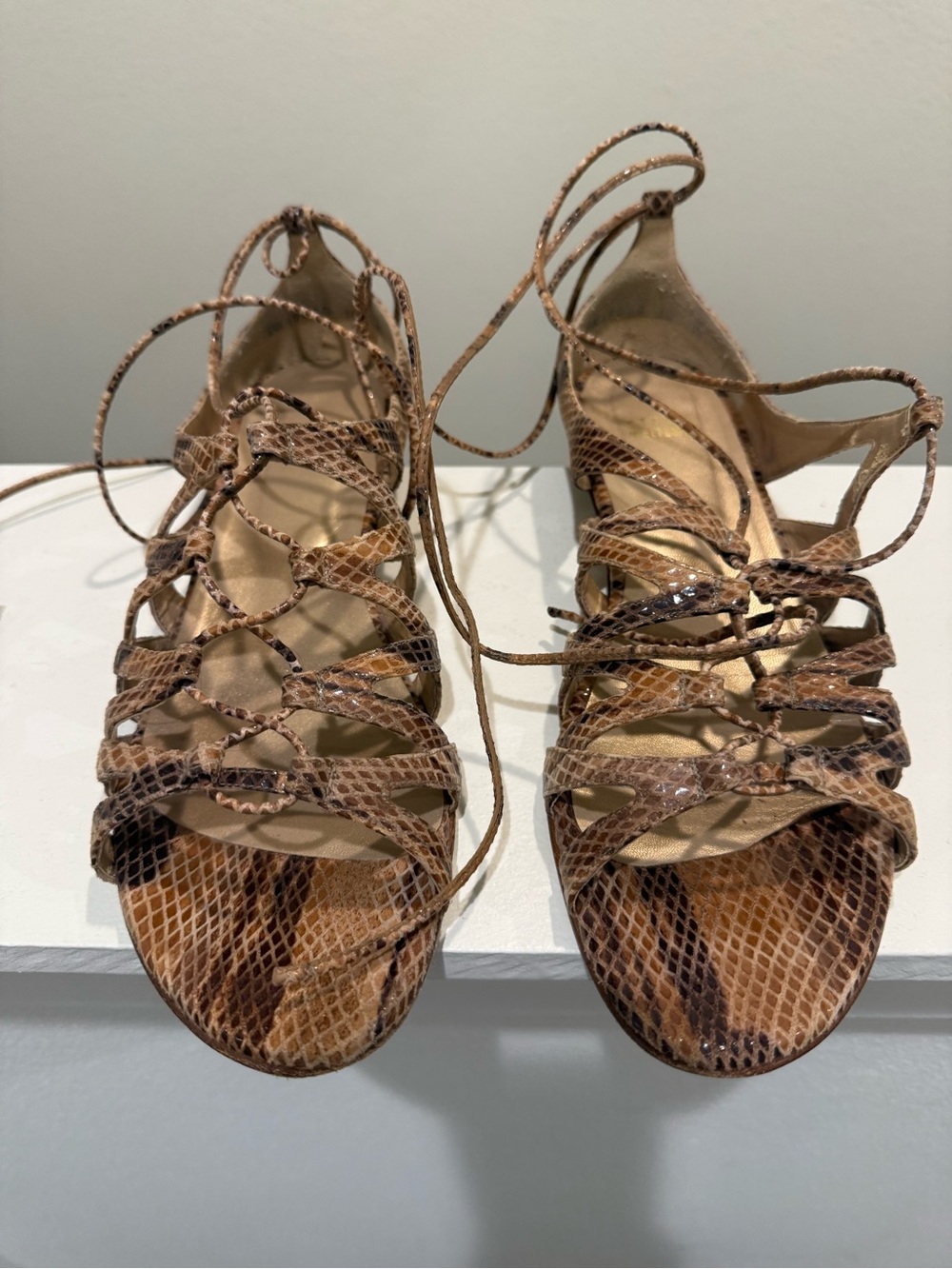 Stuart Weitzman Brown Snake-Print Lace-Up Women's Sandals